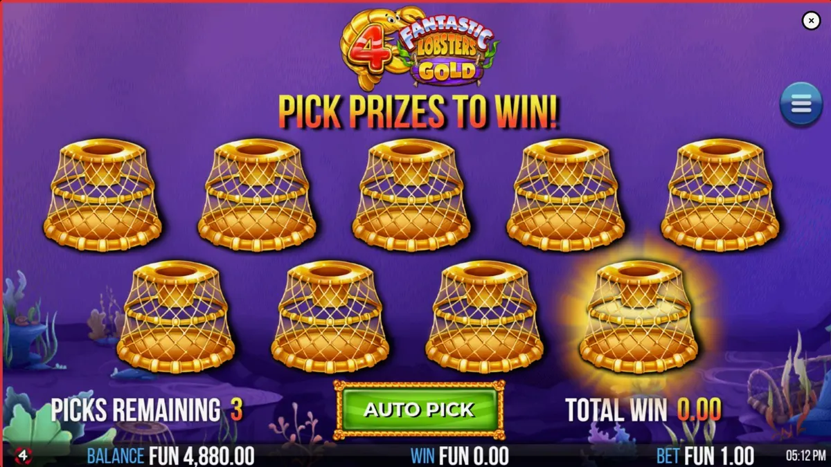 Interface do jogo 4 Fantastic Lobsters Gold com criaturas marinhas e moedas de ouro