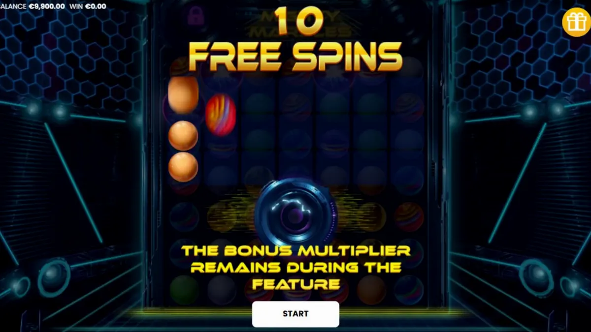 Interface do slot Mighty Marbles com design neon e grade 7x7