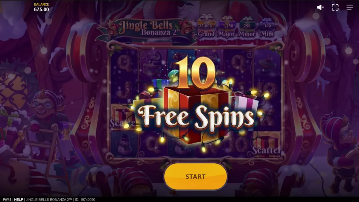 Tela de jogo do slot Jingle Bells Bonanza 2 com tema natalino